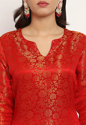 Brocade Straight Kurta Set in Red