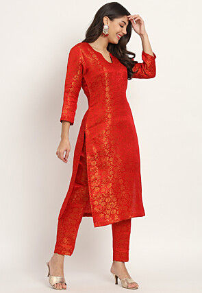 Brocade Straight Kurta Set in Red