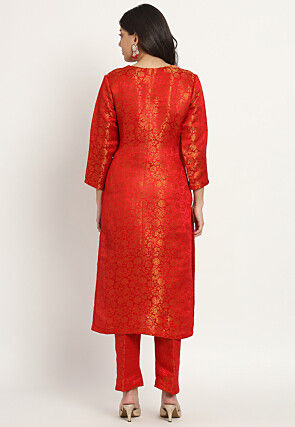 Brocade Straight Kurta Set in Red