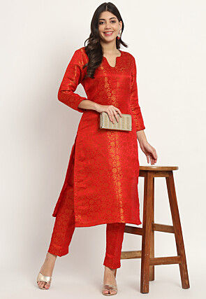 Brocade Straight Kurta Set in Red