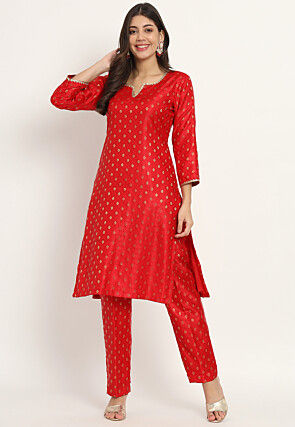 Brocade Straight Kurta Set in Red
