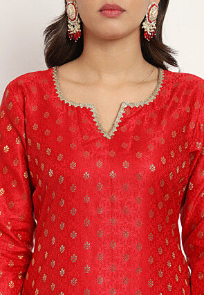 Brocade Straight Kurta Set in Red