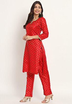 Brocade Straight Kurta Set in Red