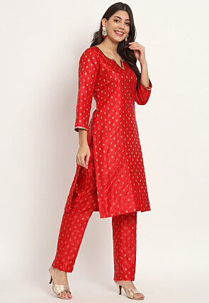 Brocade Straight Kurta Set in Red