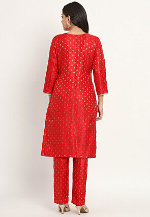 Brocade Straight Kurta Set in Red