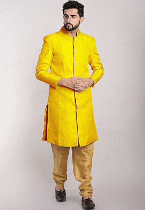 Brocade Straight Sherwani in Yellow