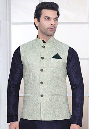 Brocade Nehru Jacket in Sea Green