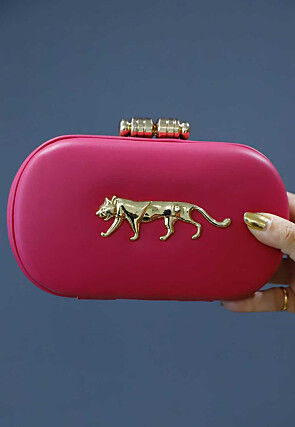 Brooch Rexin Rectangular Clutch Bag in Pink