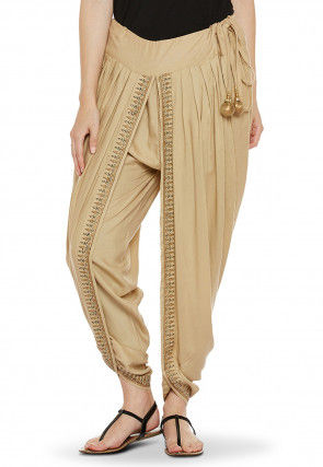 Block Printed Cotton Viscose Dhoti in Beige