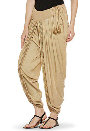 Block Printed Cotton Viscose Dhoti in Beige