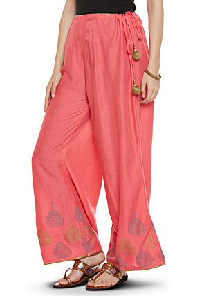 Block Printed Cotton Viscose Palazzo in Coral Pink