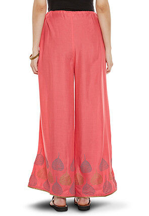Block Printed Cotton Viscose Palazzo in Coral Pink