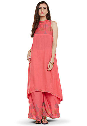 Block Printed Cotton Viscose Palazzo in Coral Pink