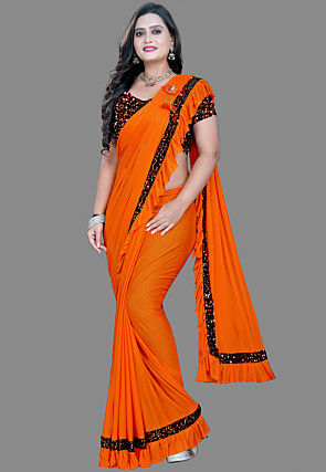 Black and Orange Solid Colour Blocked Saree - www.indethnic.com