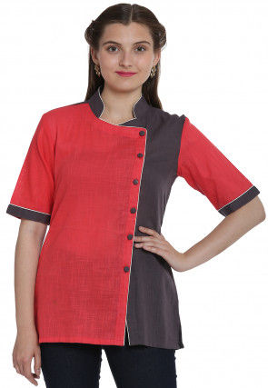Buttons Cotton Slub Top in Coral Red and Grey