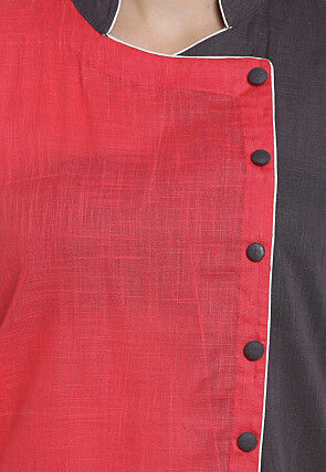 Buttons Cotton Slub Top in Coral Red and Grey