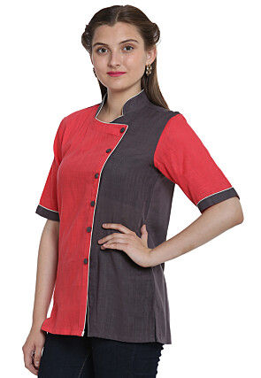 Buttons Cotton Slub Top in Coral Red and Grey