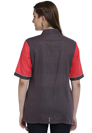 Buttons Cotton Slub Top in Coral Red and Grey