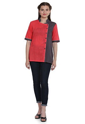 Buttons Cotton Slub Top in Coral Red and Grey