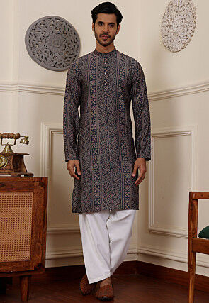 Buttons Modal Silk Kurta Set in Navy Blue