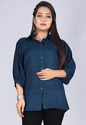 Solid Color Rayon Jacquard Shirt in Blue