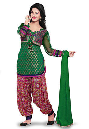 Chanderi Brocade and Net Punjabi Suit in Green