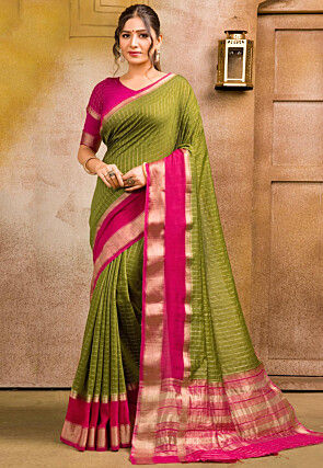Chanderi Silk Saree in Olive Green
