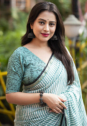 Leheriya Printed Chanderi Saree in Teal Green