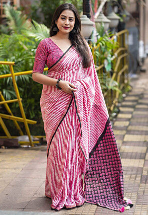 Leheriya Printed Chanderi Saree in Pink