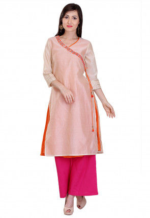 Chanderi Silk Angrakha Style Long Kurta in Beige and Orange