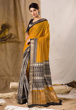 Chanderi Silk Saree in Mustard and Multicolor