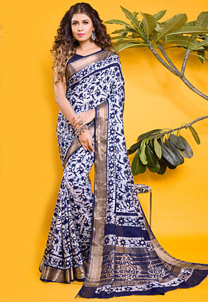 Chanderi Silk Saree in Navy Blue and Off White