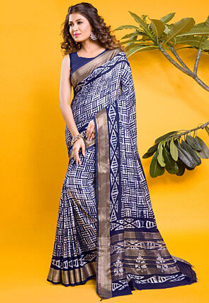 Chanderi Silk Saree in Navy Blue and Off White
