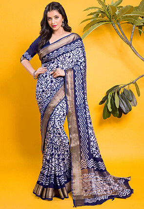 Chanderi Silk Saree in Navy Blue and Off White
