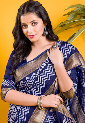 Chanderi Silk Saree in Navy Blue and Off White
