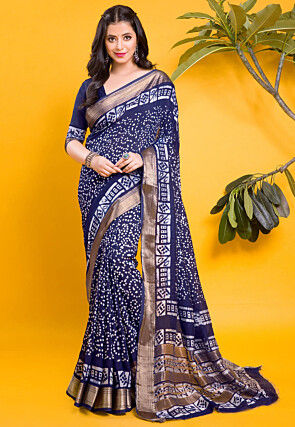 Chanderi Silk Saree in Navy Blue and Off White