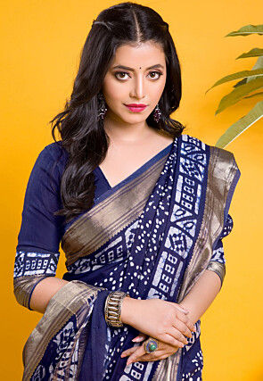 Chanderi Silk Saree in Navy Blue and Off White