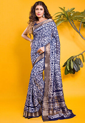 Chanderi Silk Saree in Navy Blue and Off White