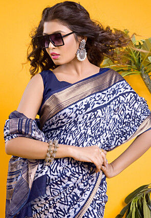 Chanderi Silk Saree in Navy Blue and Off White