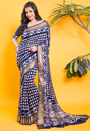 Chanderi Silk Saree in Navy Blue and Off White