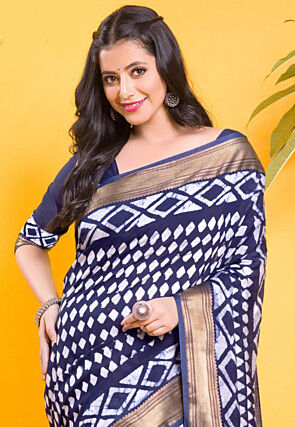 Chanderi Silk Saree in Navy Blue and Off White