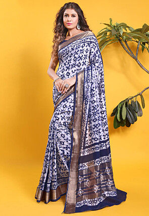 Chanderi Silk Saree in Navy Blue and Off White