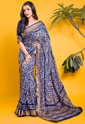 Chanderi Silk Saree in Navy Blue and Off White