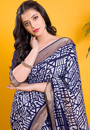 Chanderi Silk Saree in Navy Blue and Off White