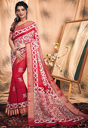 Chanderi Silk Saree in Off White and Red