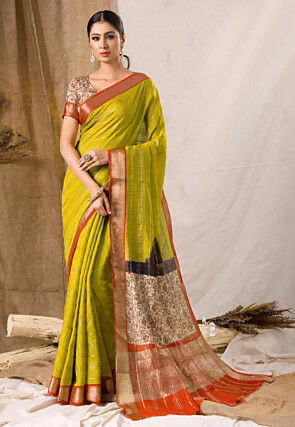Chanderi Silk Saree in Olive Green