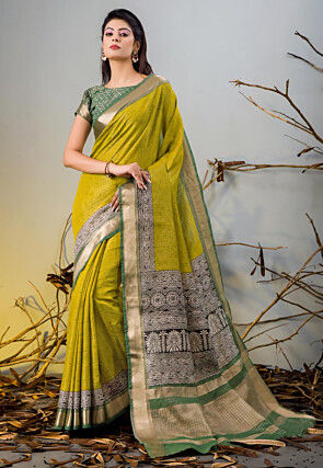 Chanderi Silk Saree in Olive Green