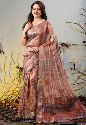 Chanderi Silk Saree in Peach and Multicolor