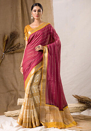 Chanderi Silk Saree in Yellow and Maroon
