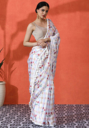 Check Printed Chinon Chiffon Saree in Multicolor